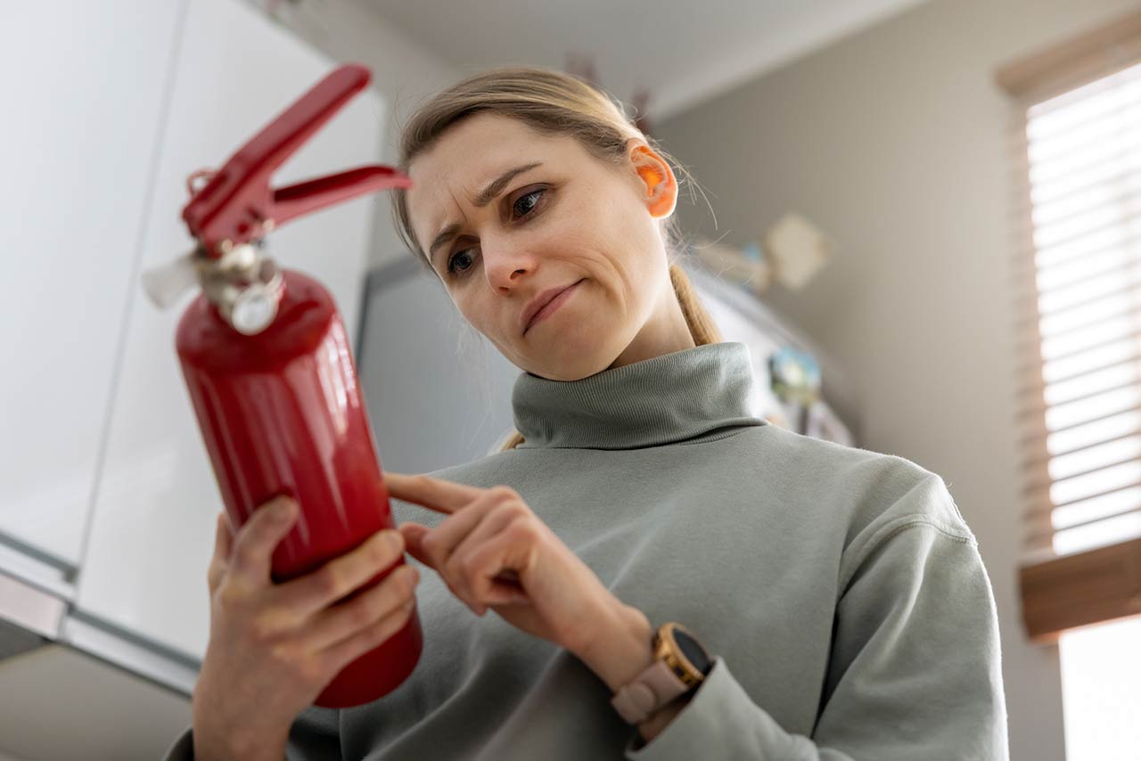 A woman checks the fire extinguisher expiration date at home