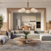 A stylish living room interior featuring modern designer furniture