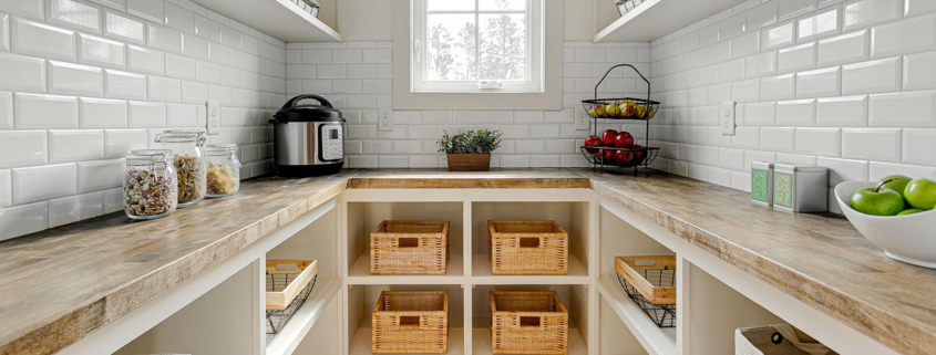 An organized pantry featuring wooden shelves and storage baskets, providing ample space for kitchen essentials