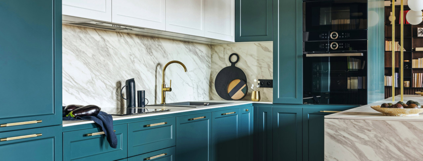 Luxury modern and vintage turquoise and white kitchen