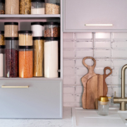 Organized kitchen pantry stock photo
