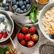 Healthy breakfast overhead view stock photo